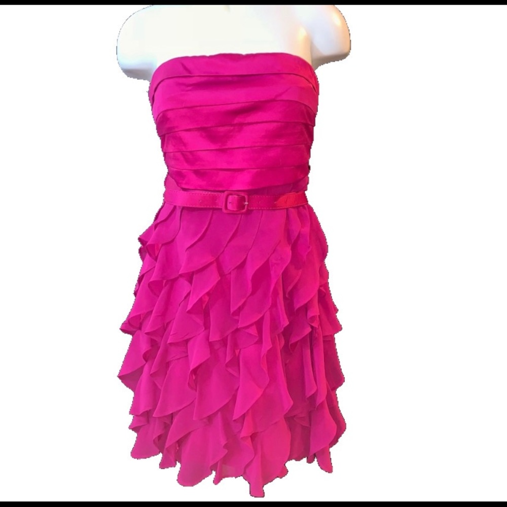 Pink belted strapless ruffle dress